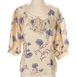 Girls from Savoy Silk Blouse Size 8 3/4 Puff Sleeve Beige Peter Pan Collar